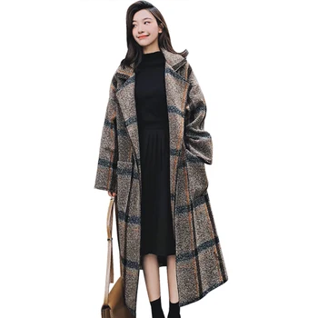

Brand Design England Style Womens Wool Coats Fashion Gray Plaid Medium Long Casual Wide-waisted Wool Coat Female Cashmere Coat