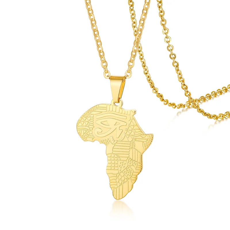 Men African Map with Horus Eye Necklace Gold Color Stainless Steel Pendant Hip-hop Gift for Male Boy Ethiopian Jewelry | Украшения и