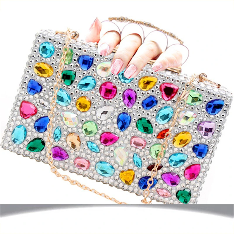 

Women Silver Handbags Clutch Bags Crystal Finger Ring Ladies Evening Bags Diamond Wedding Bridal Luxury Purse Small Shoulder Bag