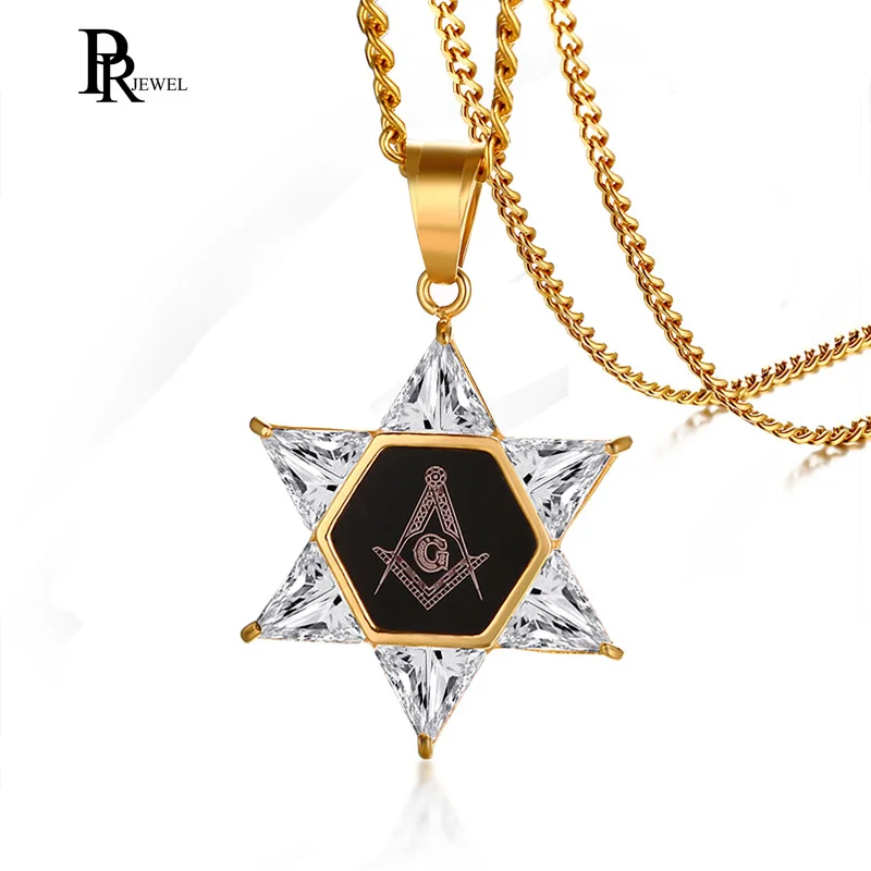 XUANPAI Mens Stainless Steel Star of David Symbol Masonic Compass G Pendant Necklace with Diamond Cut CZ
