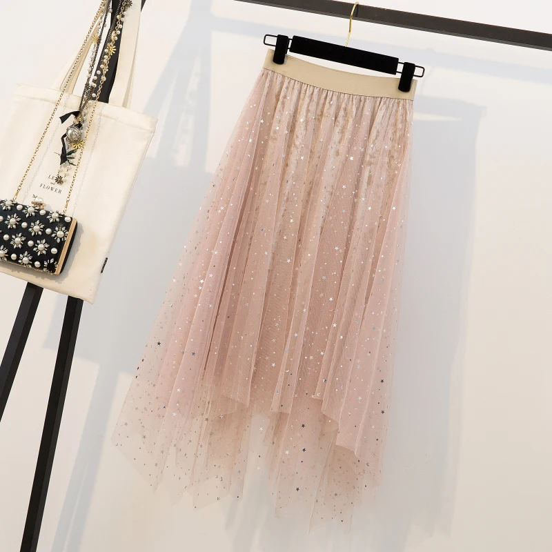Высокое качество, плюс размер, эластичная длинная Тюлевая юбка с высокой талией,, летняя женская модная юбка-пачка с неровным подолом и блестками