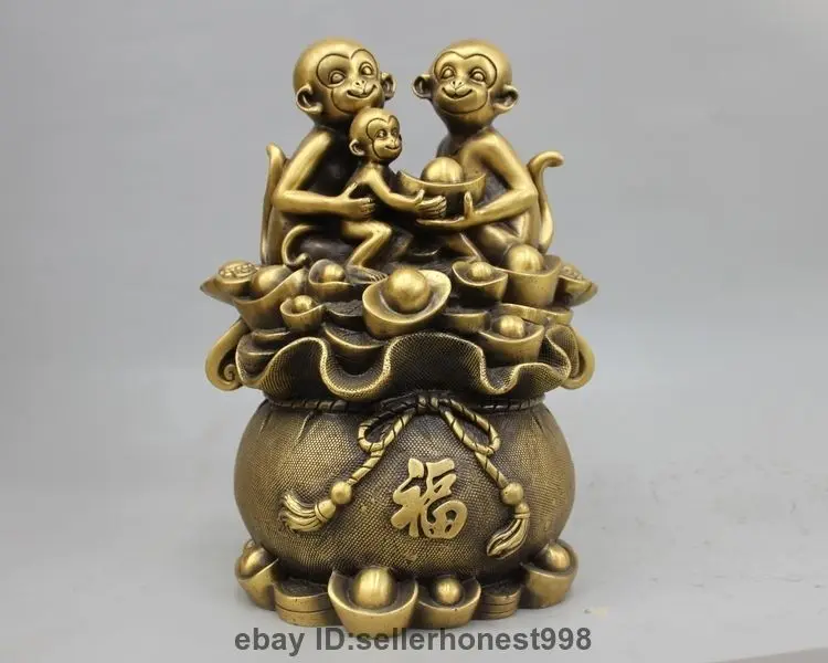 

12 China Pure Bronze Copper Fengshui Wealth sack 3 Monkey family Animal Statue 5.19