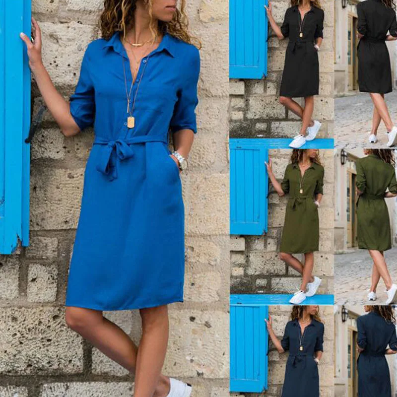 

Summer Dress Women 2019 Ladies Collar Solid Color Cropped Ropa Spring Sleeve Boho Sundress Beach Dresses Casual Femme Vestidos