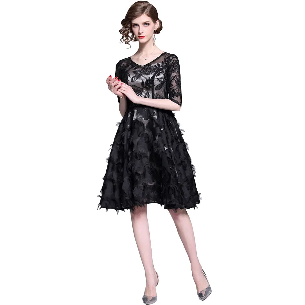 

Fashion Woman Summer Party Dress V-neck Female Knee-length Mesh Dress Vintage Embroidered Midi Dress Woman Feathers Patch Dress