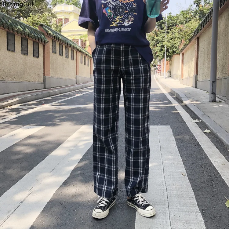 

Casual Fashion Loose Straight Plaid Pant Harajuku Streetwear Korean Women High Waist Trouser Summer Autumn Slim Striped Bottom