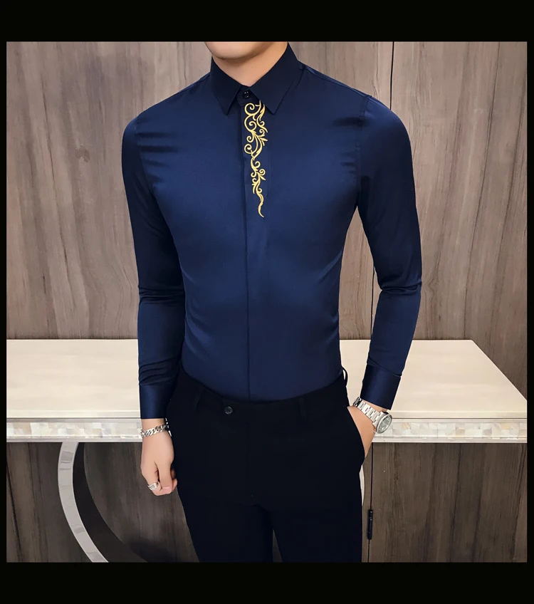 Весна новая Корейская рубашка мужская вышитая тонкая рубашка с длинным рукавом мужская рубашка для выпускного вечера для клуба Camisa Masculina Kemeja Pria