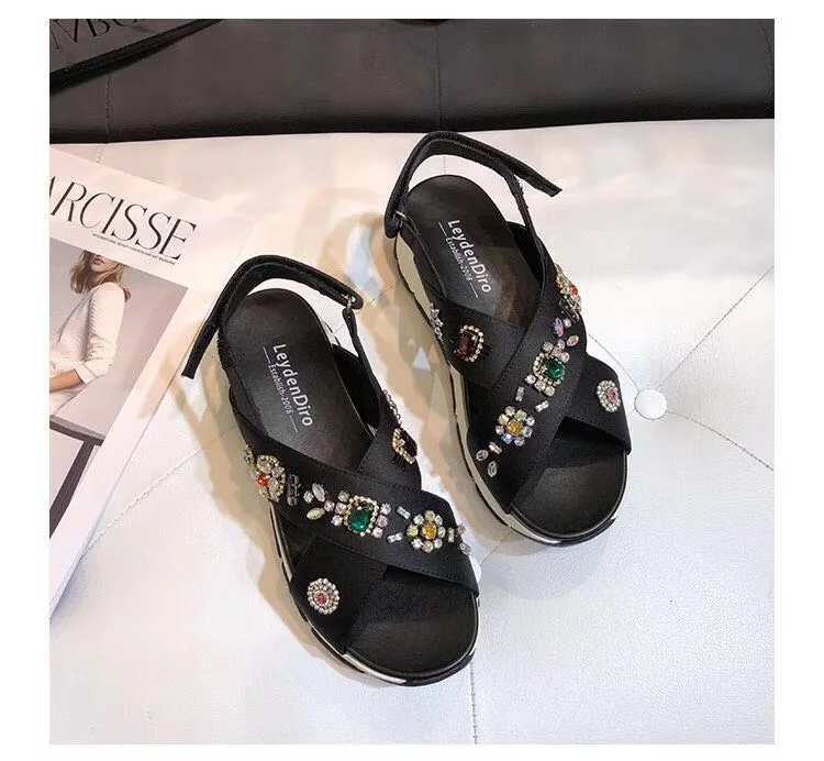 women's summer slippers high-heeled leather rhinestone sandals outdoor casual sandals flip-flops thick sandals