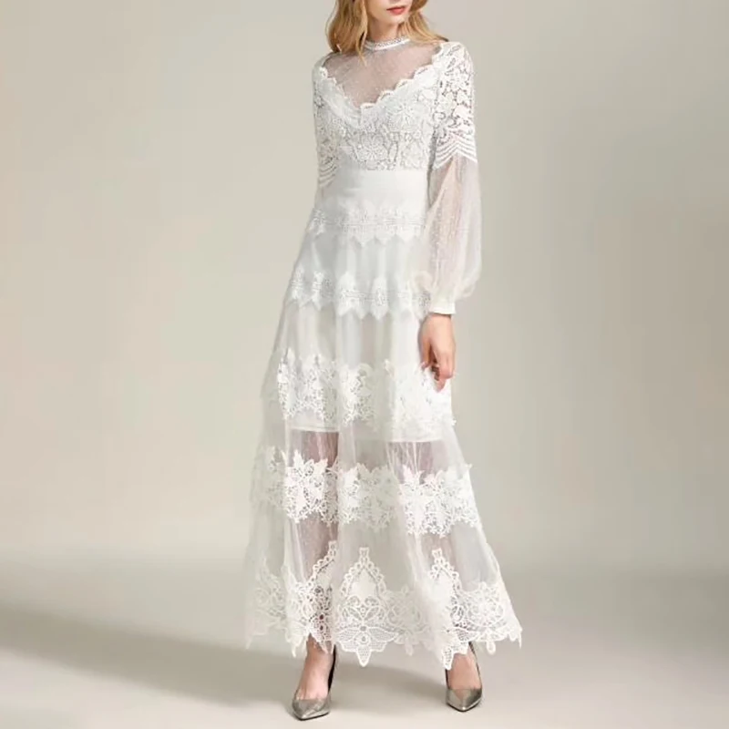TWOTWINSTYLE перспективное женское платье с О-образным вырезом, с вырезами, с рукавами-фонариками, с высокой талией, кружевное платье в стиле пэчворк Женская мода - Цвет: white