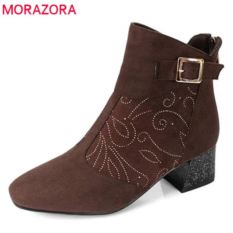 

MORAZORA 2020 new fashion shoes woman round toe autumn winter ankle boots zipper with buckle short plush high heels boots