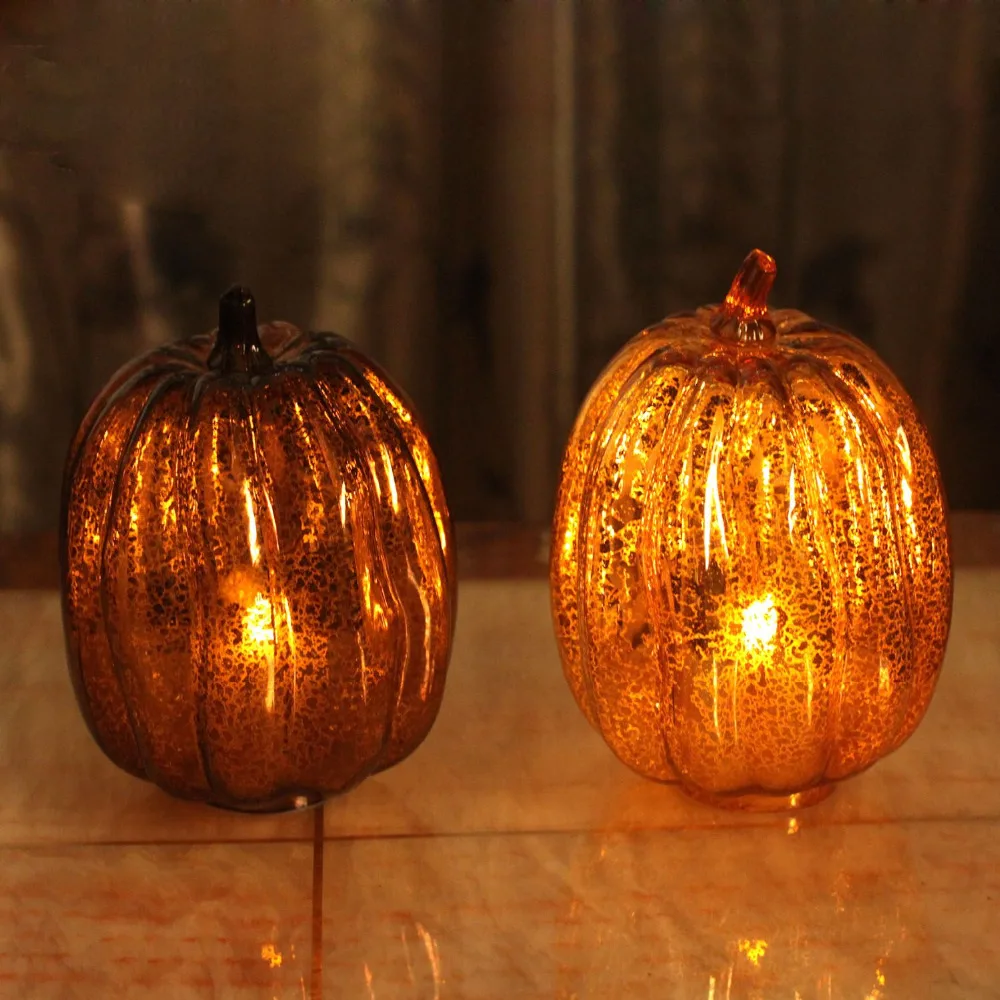 Harvest Glass Gourd Shape Lantern with Flameless Led Candle 7 15 3 Inch with 4 8Timer