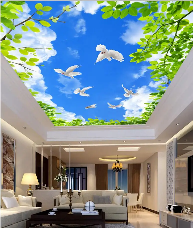 

3d ceiling murals wallpaper custom photo Blue sky white clouds green leaves pigeon 3d wall murals wallpaper for walls 3 d