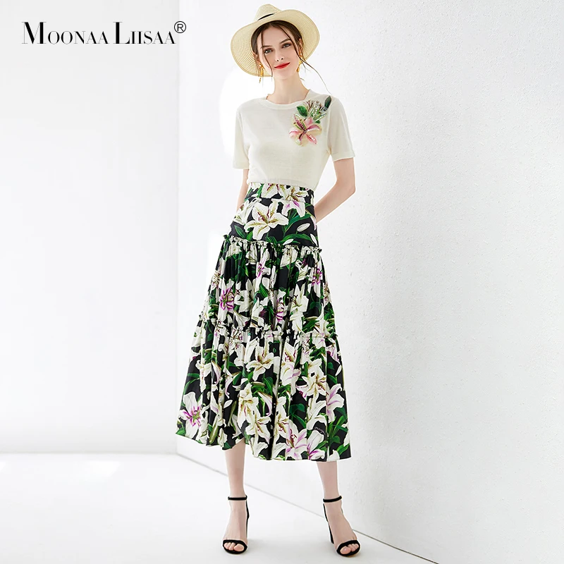 

moonaaliisaa Summer Runway Vacation Two-Pieces Suit Sets Women 100% Wool Top Lily Printed Vintage 100% Cotton Mid-Calf Skirt