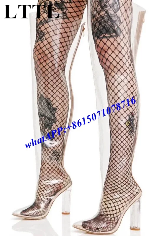 

2018 New Spring Women over-the-knee Boots Pointed Toe PVC Crystal Heel Transparent Trend Clear Block High Heel ladies Shoes