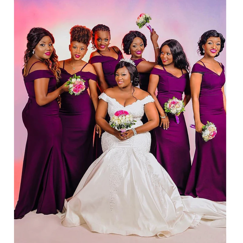 Элегантный фиолетовый атлас подружки невесты платья для Свадебная вечеринка длинные Африканский плюс размеры с открытыми плечами
