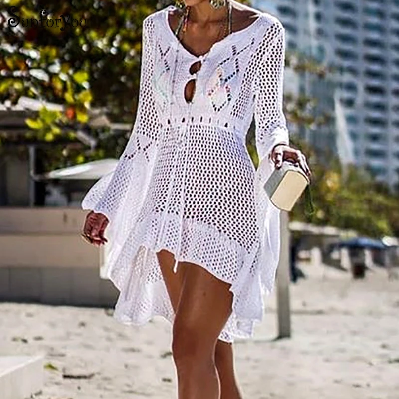 

2019 Knitted White Beach Dress Robe Plage Boho Women dress Kaftan Beach Crochet dress