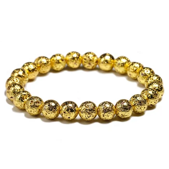 Plating Natural Stone Lava Bracelets Men Fashion 8mm Round Black Beads Elasticity Rope Bracelet for Women Strand Jewelry