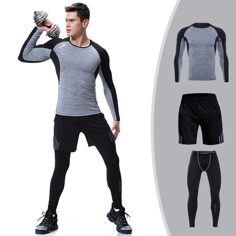 

3PIECES Set Mens MMA kit Male Gyms Clothes Jogger Running Sets Fitness Sporting Suits Tracksuit Compression Jogger Sportswear