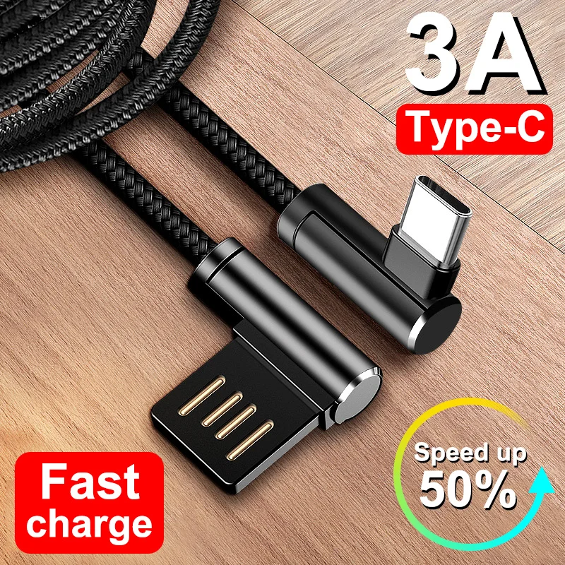

90 degree 3A USB Type C Mobile Phone Cable For Samsung Huawei Xiaomi Redmi Fast Charging Data Cable For Huawei Type-C Charger