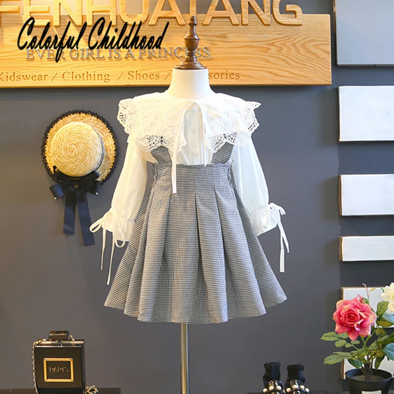 White school girls lace blouse+plaid suspender dress for princess autumn winter clothing set children outfits White school girls lace blouse+plaid suspender dress for princess autumn winter clothing set children outfits