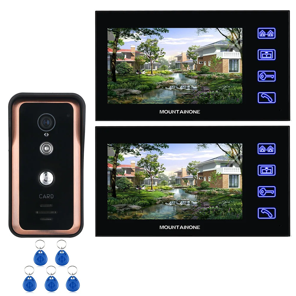 2 Monitor 7 inch Touch Button Color Video Intercom Door Phone System With RFID Card Reader HD Doorbell 1000TVL IR-CUT Camera