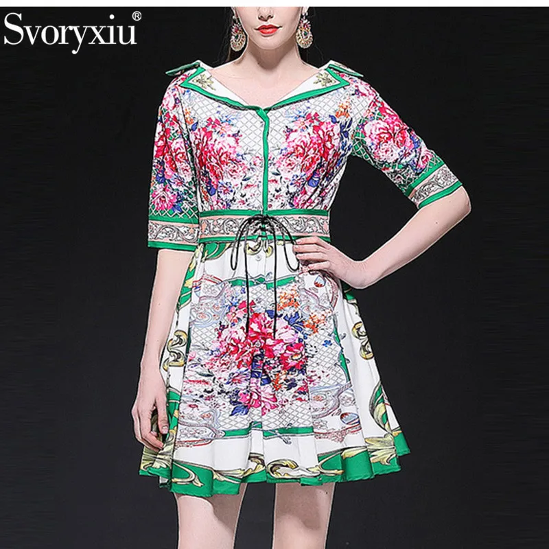 

Svoryxiu 2019 Runway Summer Party Short Dress Women's Half Sleeve Vintage Flower Print lace up Cummerbunds Dresses Vestdios