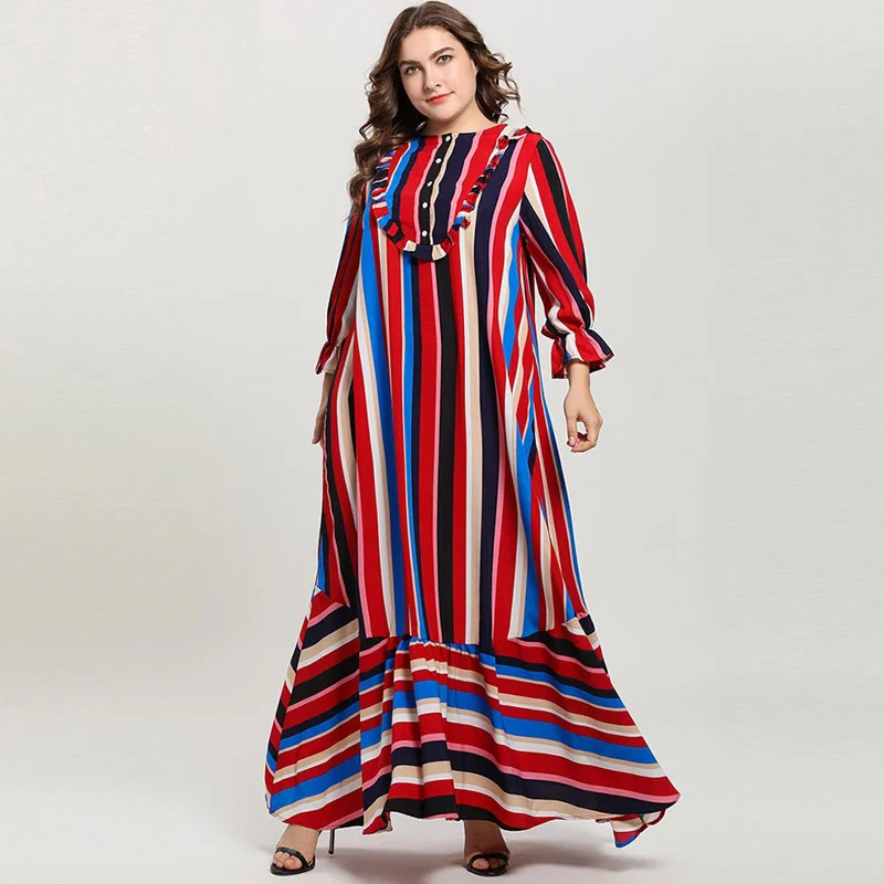 Большие размеры abaya женские мусульманские платья Colorfule полосатый 3/4 рукав большой гофрированная кайма Макси длинное платье Кнопка