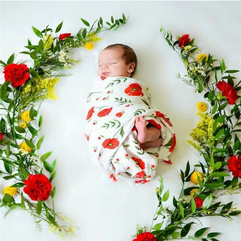 

New Muslin Baby Blanket Cotton Flower Fruit Print Baby Blanket Soft Wrap Babys Newborn Blanket 2layers 120*120cm Swaddling