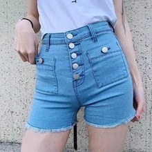 Лето Bodycon джинсовые женские шорты Высокая Талия кнопки в старинном стиле короткие Feminino уличная Повседневное женские шорты Femme