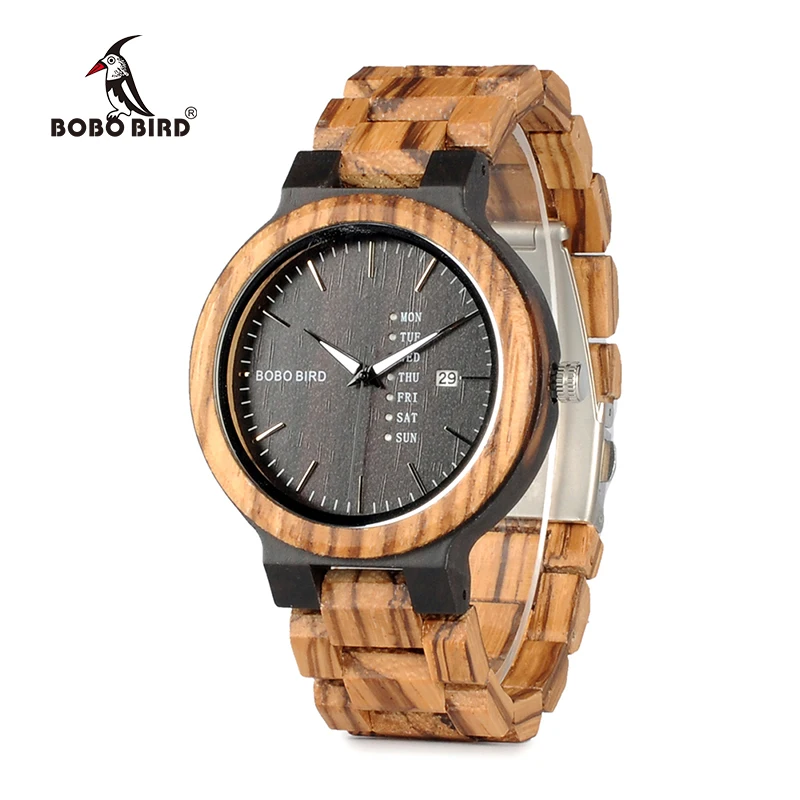 BOBO BIRD WO26 Zebra Wood Watch for Men with Week Display Date Quartz Watches Classic Two-tone Wooden Drop Shipping
