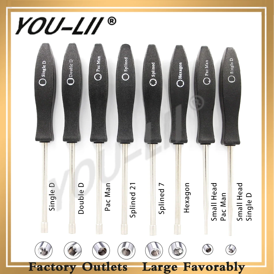 

YOULII 8Pcs Adjustment Tool Pac Man/Small Pac Man/Single D/Small Single D/Double D/Hexagon/7Teeth /21Teeth Splined Screwdriver