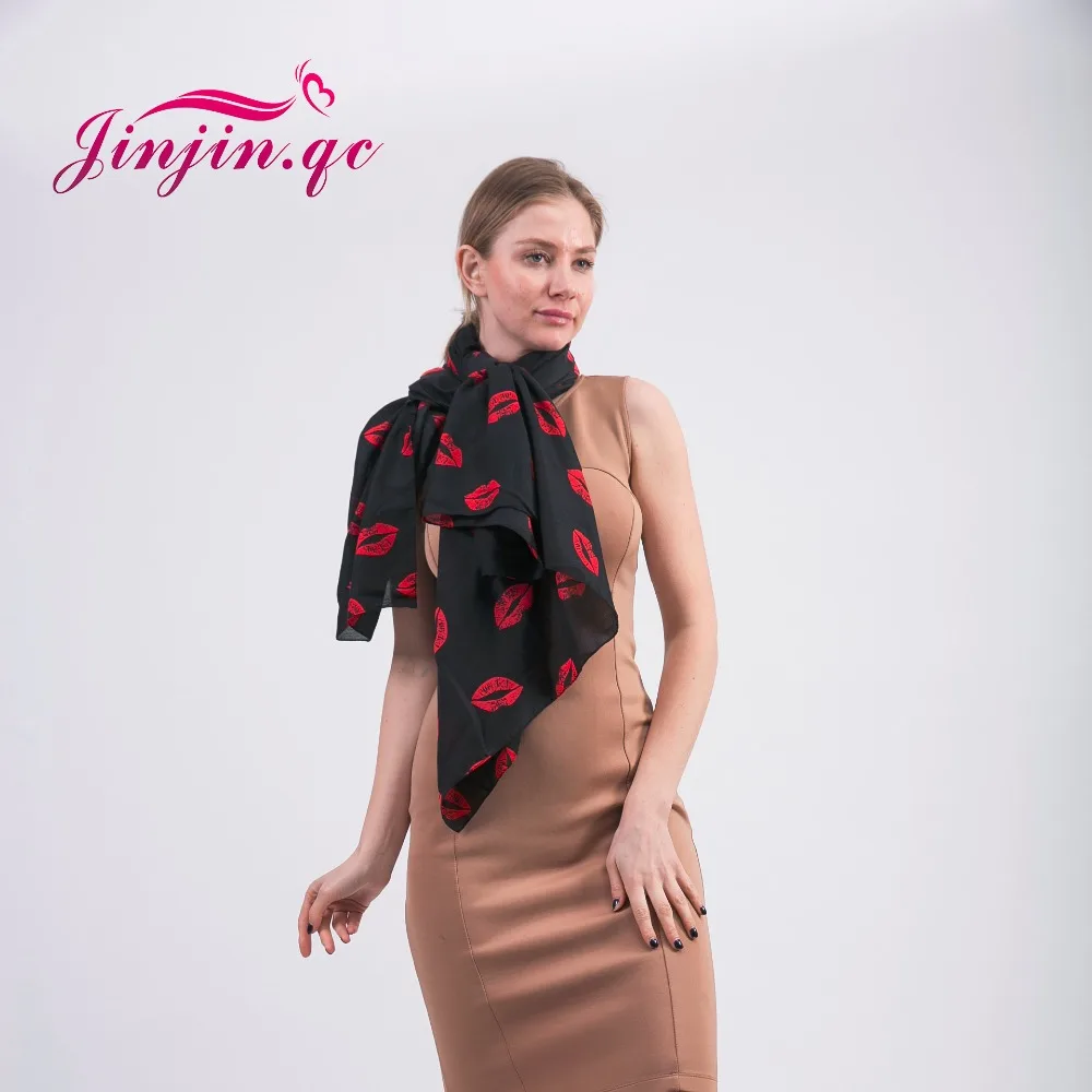 Jinjin.QC Fashion Red Lips Print Square Scarf Valentine's Day Gifts echarpe foulard femme bandana female jersey hijab