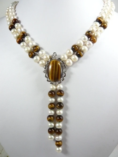 

new arrive noble design jewelry white pearl + tiger eye stone necklace pearl