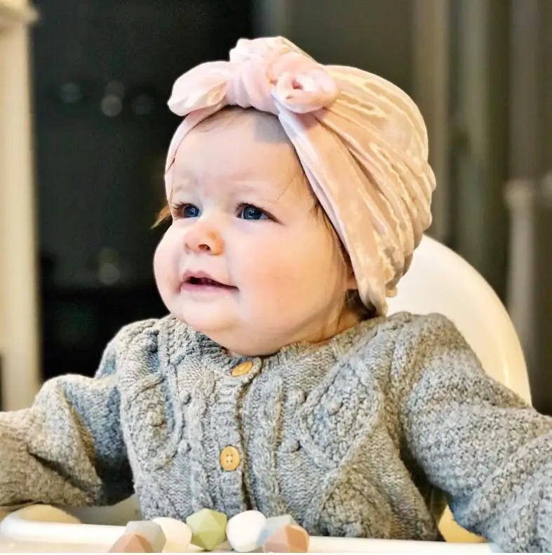 

1 PC New Winter European Baby Hat Rabbit Ear Baby Beanie Knot Tie Bow Elastic Turban hats Toddlers Velvet Caps Warm Girl caps