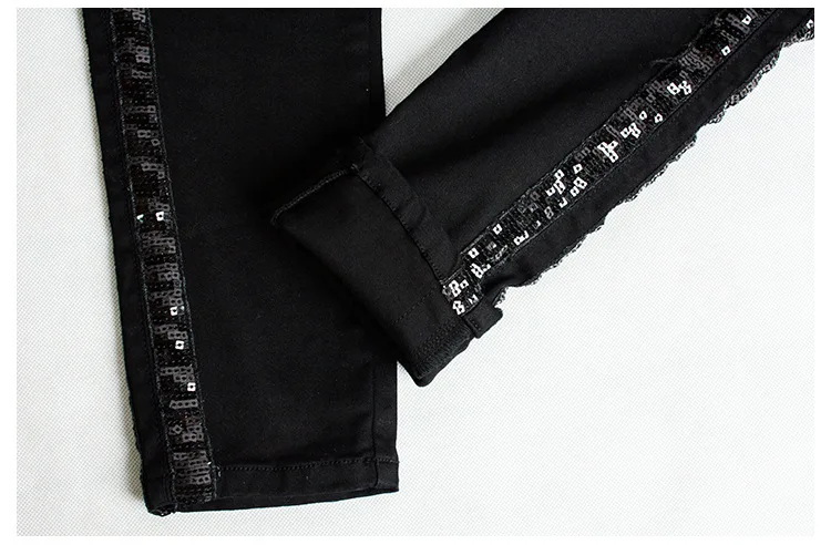 Черные обтягивающие джинсы с блестками и полосками по бокам для женщин, узкие джинсы с эффектом пуш-ап в английском стиле, модные женские джинсы