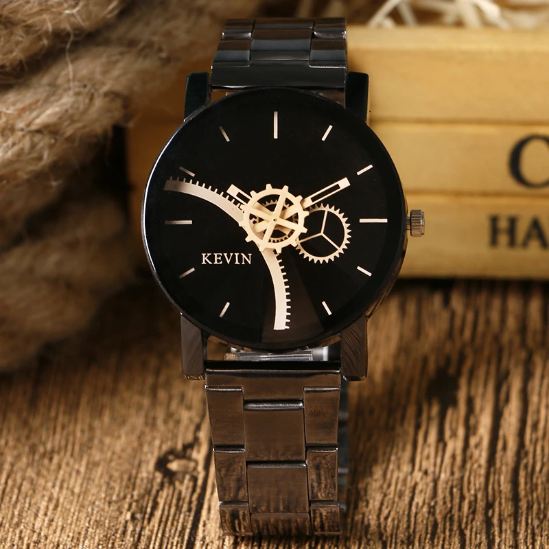 Elegant Casual Women Men Gear Dial Design Quartz Watch Black Stainless