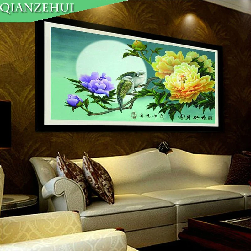 

QIANZEHUI,Needlework,DIY Precision printing Peony flower silk Cross stitch, The moon For Embroidery kits Cross-Stitching