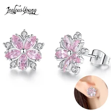 Fashion Flower Shape Zircon Pink Wedding Earrings for Women with Silver Color Crystal Korean Indian Stud Earrings Brincos