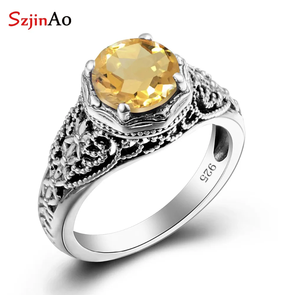 Szjinao Romantic Vintage Citrine Crown Rings for Women Fashion Pure 925 Sterling Silver Rings Wedding Party Jewelry Wholesale