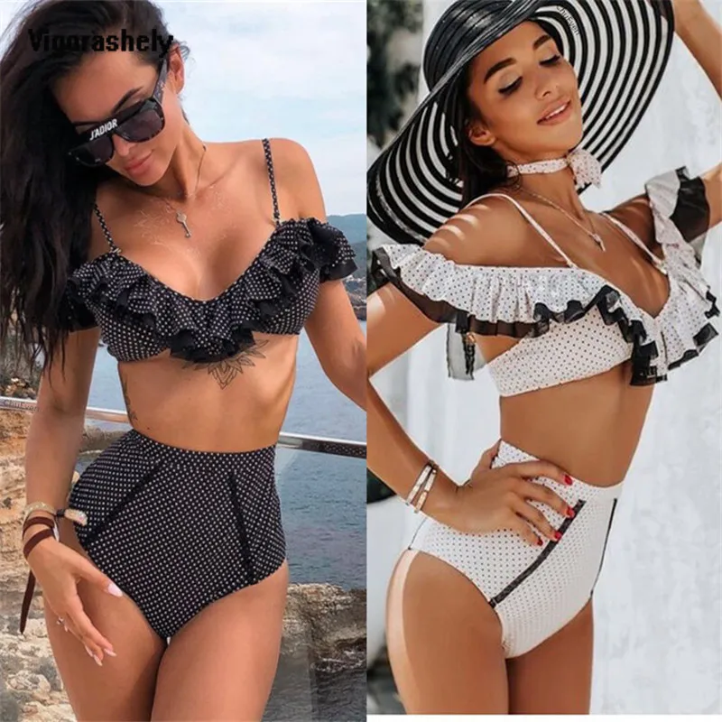 

Vigorashely 2019 High Wasit Bikini Sexy Women Ruffle Dot Swimsuit Push Up Swimwear Backless White Black Bikini Set Bathing Suit