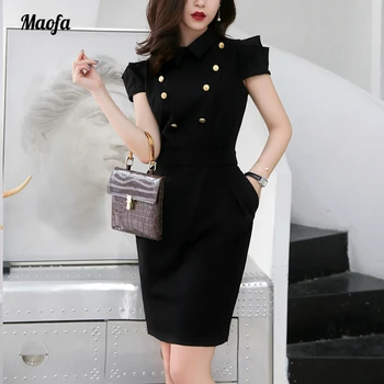 

Summer solid black Dress Women short Sleeve Notched Dress Elegant Office Lady knee length Vintage Club Dresses button Vestidos