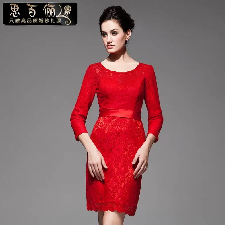 

free shipping 2013 Evening short red bride dress fashion gowns for women lace long sleeve bridesmaid party prom Cocktail Dresses