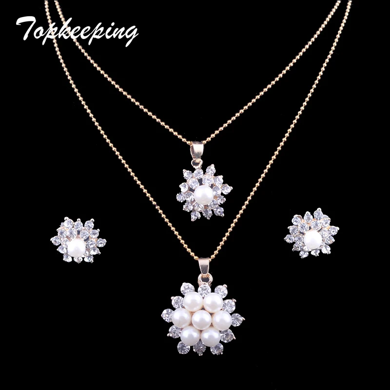 

Mujer Elegant Crystal Flower Bridal Jewelry Sets Gold Color Earrings + Necklace Imitation Pearl Wedding Jewelry Sets Accesory