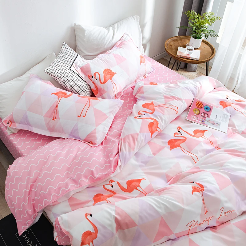 Стильный комплект постельного белья с изображением красного фламинго, геометрический принт, пододеяльник, волнистый дизайн, простыня, наволочка, подарок на год для девочек, для детей 3/4 шт