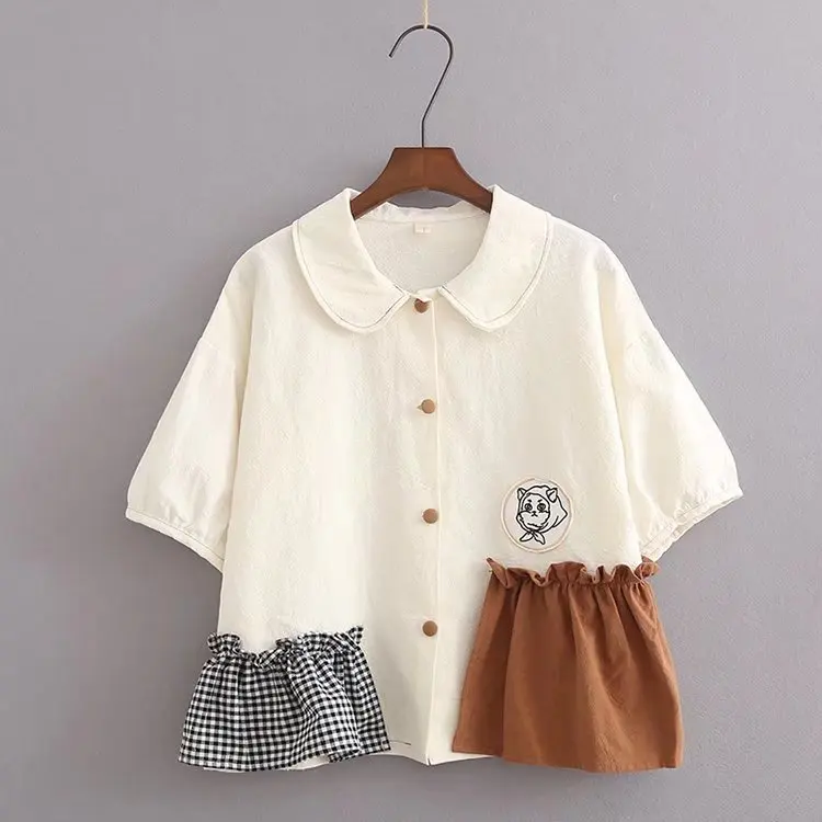 

Summer Cute Cats Patchwork Plaid Do The Old Short Sleeve Womens Shirts Tops Cotton High Quality Ladies Blouse Loose Preppy Style