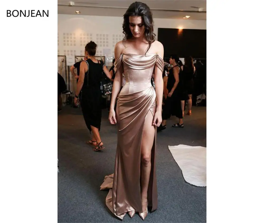 

Sexy 2019 Mermaid Evening Dresses Long Rose Gold Elastic Silk Like Satin Off Shoulder Neck Sheath Side Split Formal Evening Gown