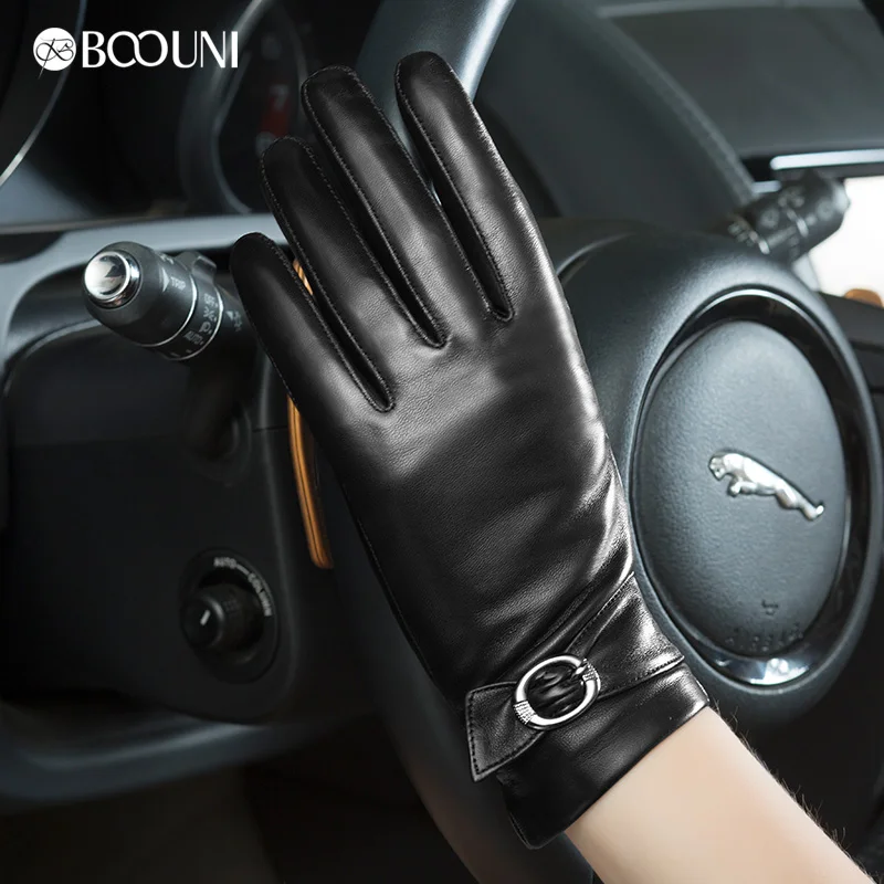 BOOUNI Genuine Leather Gloves Elegant Black Women Sheepskin Gloves Thermal Winter Velvet Lining Finger Driving Glove NW783