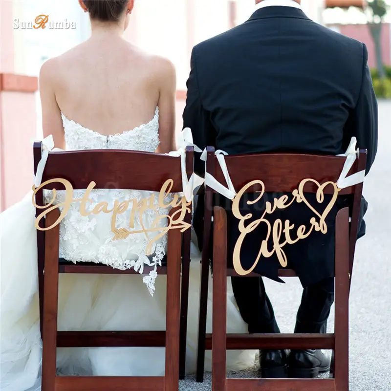 

2pcs/set Happily Ever After Rustic Wedding Sign Decor Ideas For Chairs Hanging Signs Party Decorations Wood Wedding Decoration