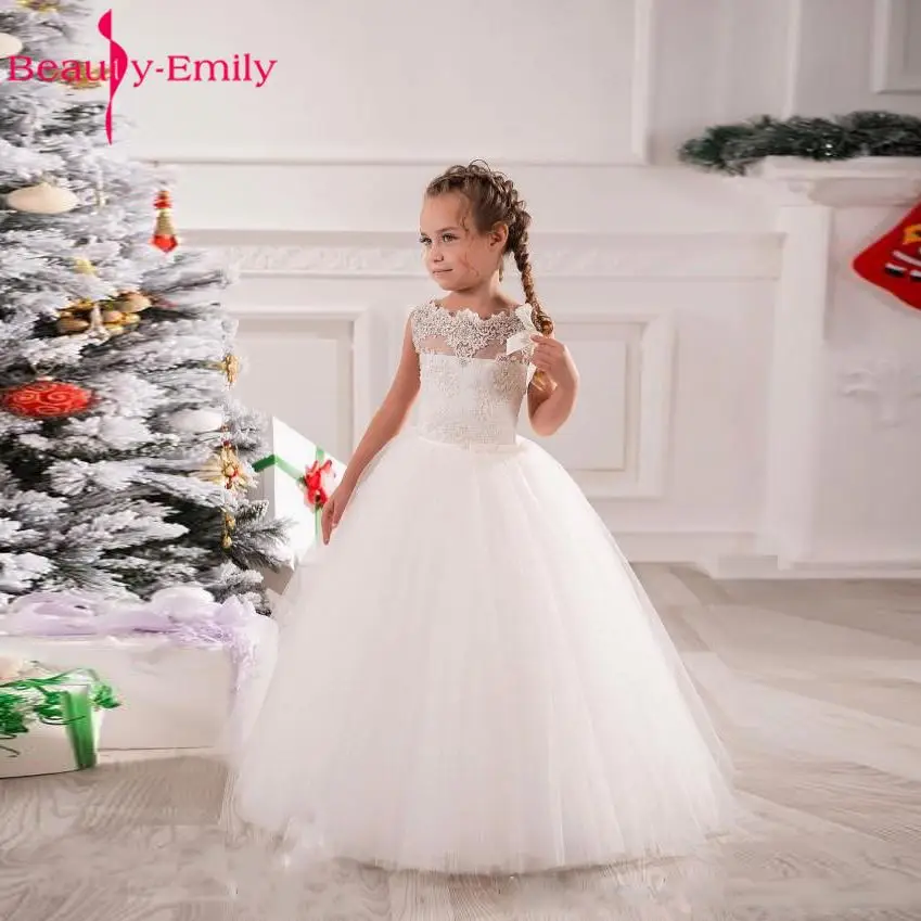Beauty-Emily/Кружевное белое платье с цветочным узором для девочек, модель года, пышное платье без рукавов с длинными рукавами и аппликацией для девочек на свадьбу, Casamento - Цвет: Белый