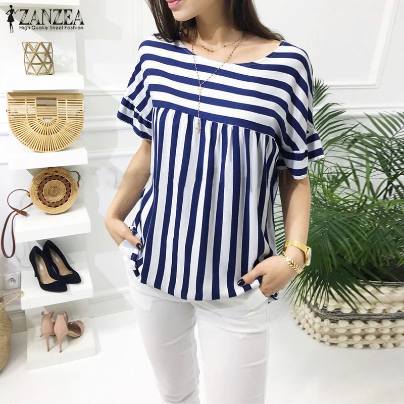 

Vintage Striped Blusa Femme ZANZEA Women Short Sleeve Blouse 2019 Summer Elegant Work Blusas Office Shirt Casual Top Plus Size