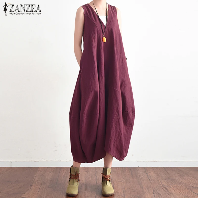 

2019 ZANZEA Women Linen Long Dress Oversized Female V Neck Sleeveless Backless Maxi Dress Casual Solid Baggy Vestido Robe Femme